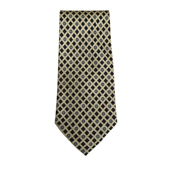Handmade Vintage 100% Silk Geometric Pattern Navy Gold Preppy Formal Tie Necktie - Picture 1 of 4